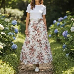 MODERN PRAIRIE for April Cornell Victorian Rose White Floral Tiered Maxi Skirt M